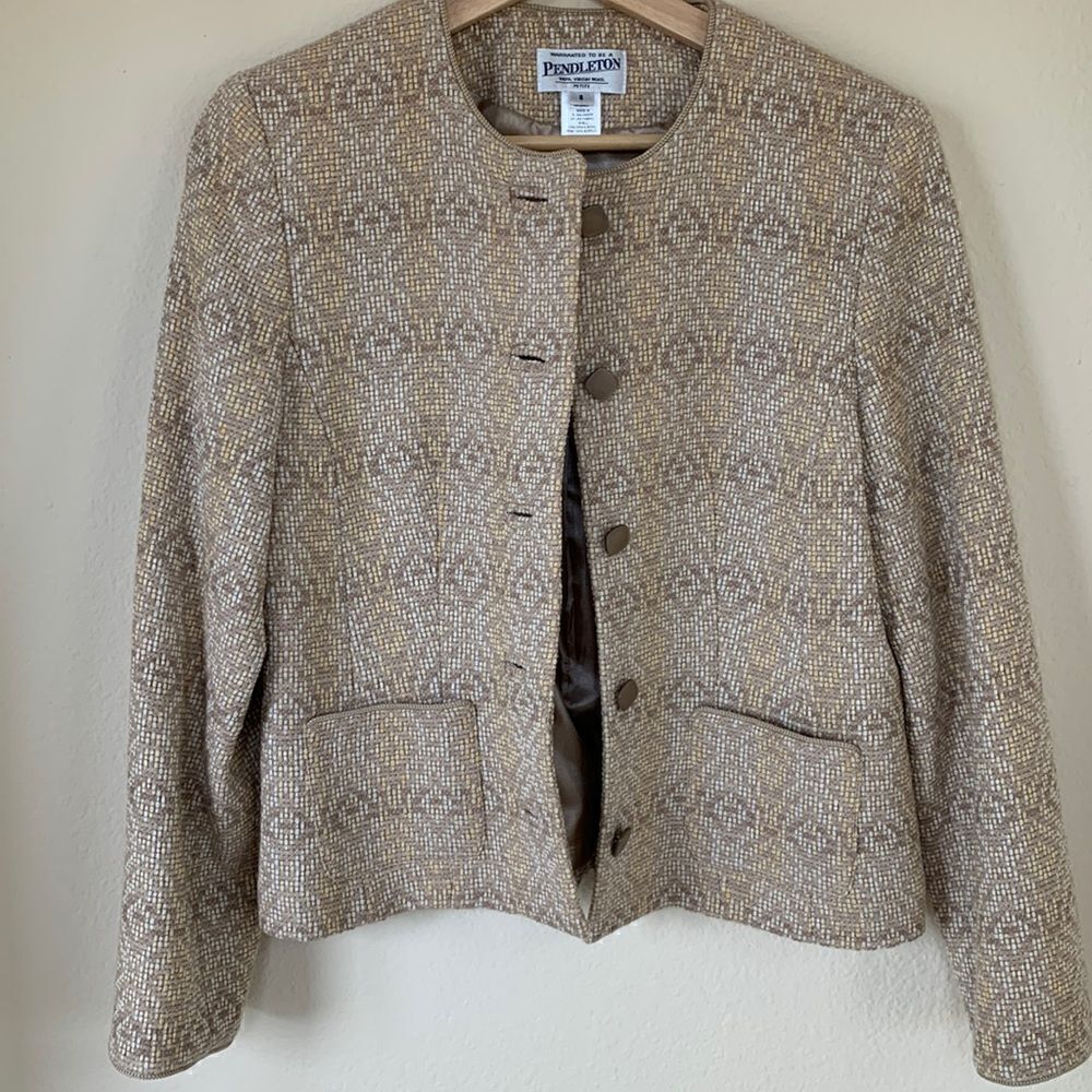 Pendleton Wool Blazer Vintage Tan Virgin Cropped‎ Collarless Jacket women’s Sz 8